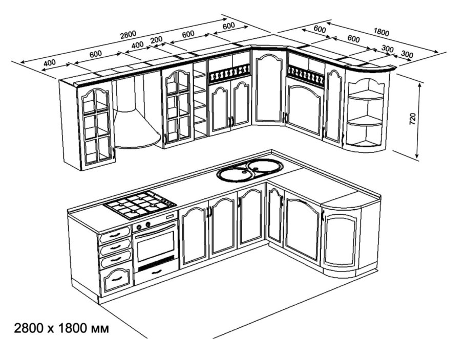 Угловая кухня чертеж