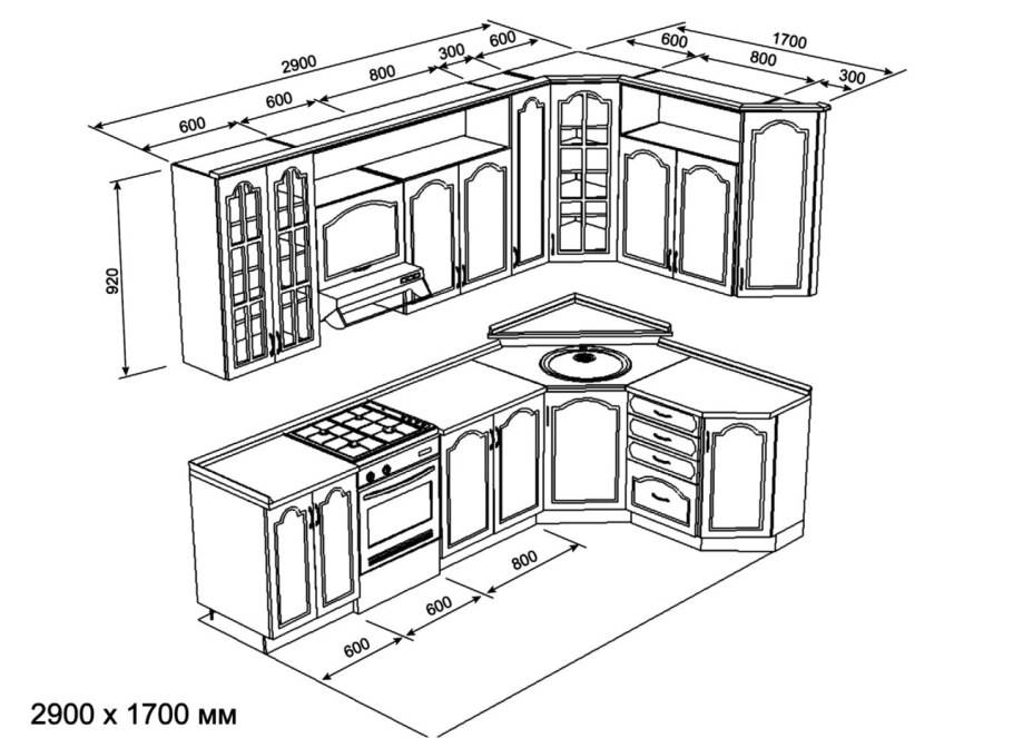Угловая кухня чертеж