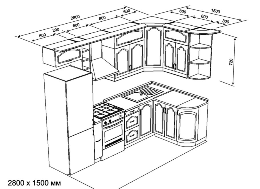 Эскиз кухни с размерами