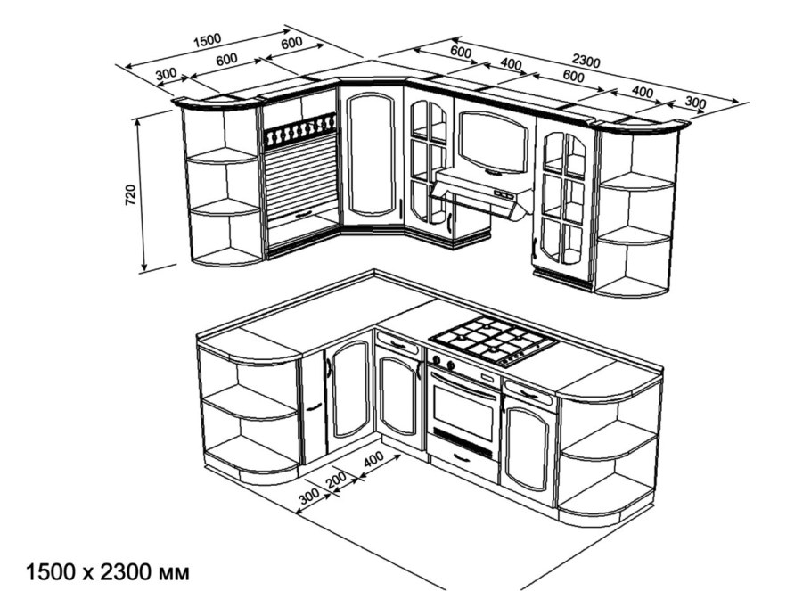 Чертеж кухонного гарнитура углового