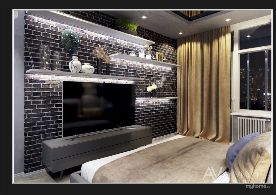 Гостиная с декоративным кирпичом