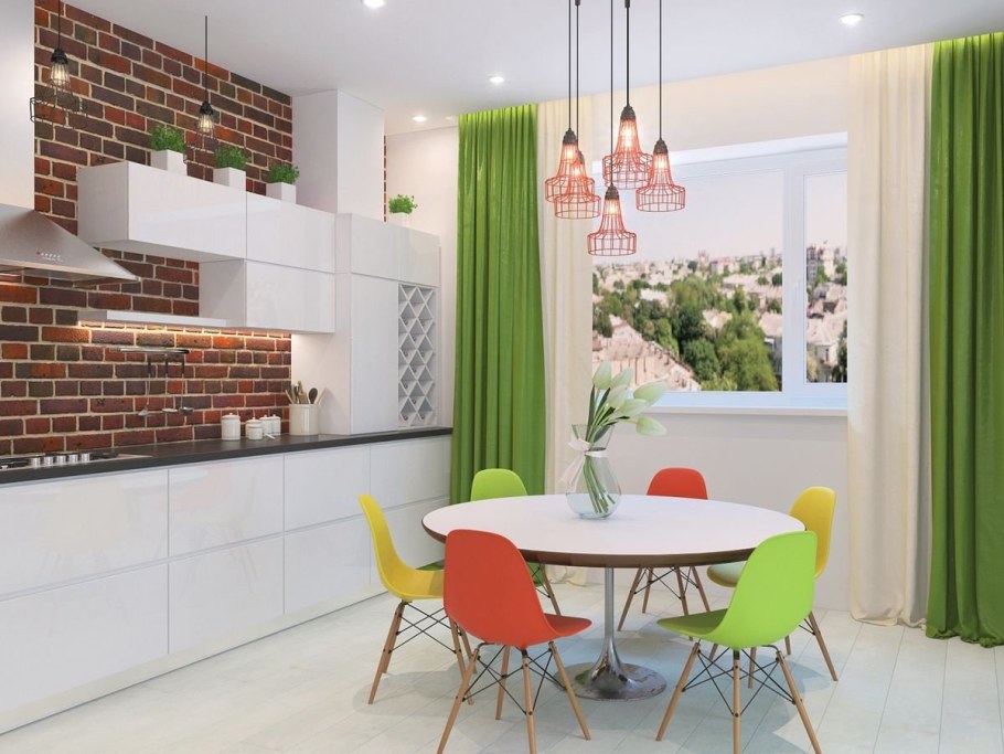 Белая кухня с яркими акцентами в интерьере