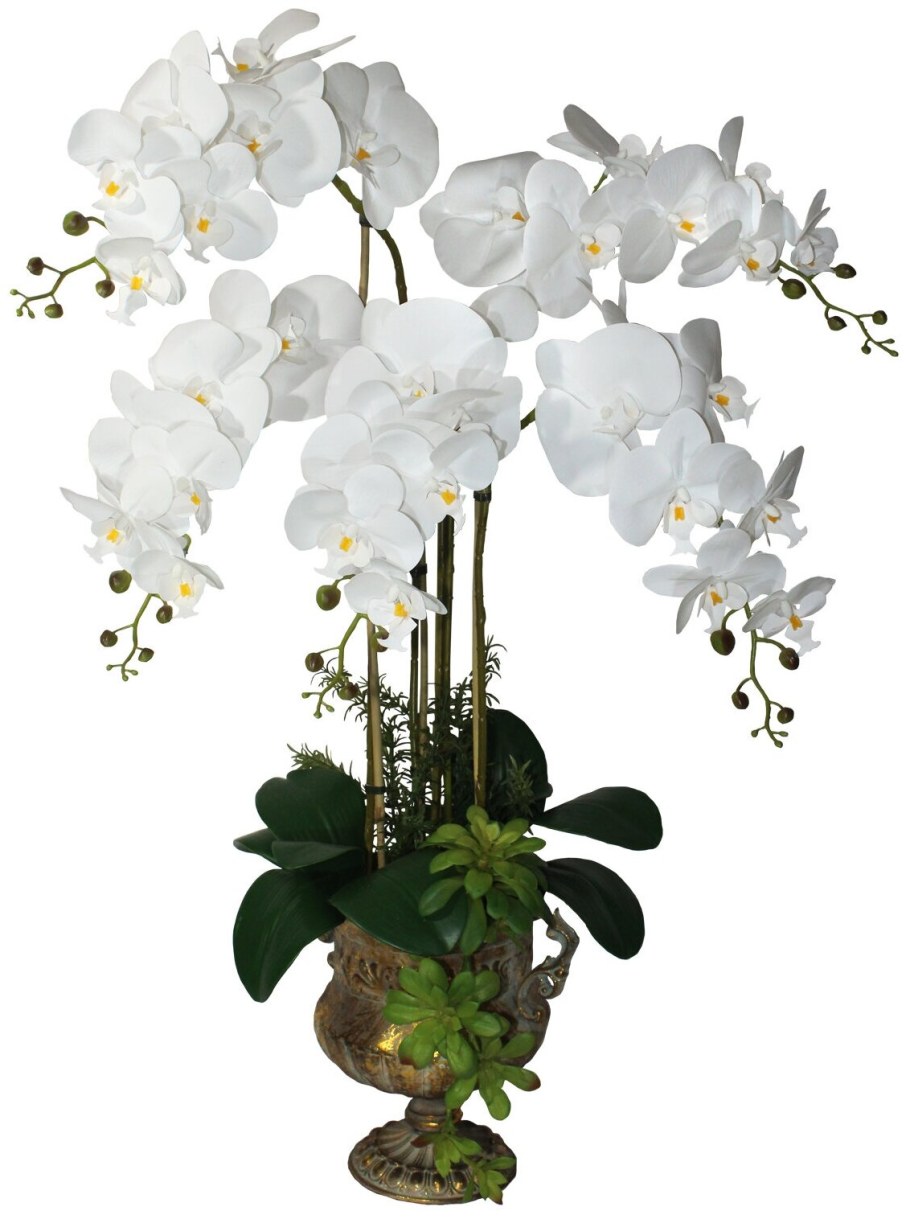 Орхидея искусственная в вазе с цветными перьями