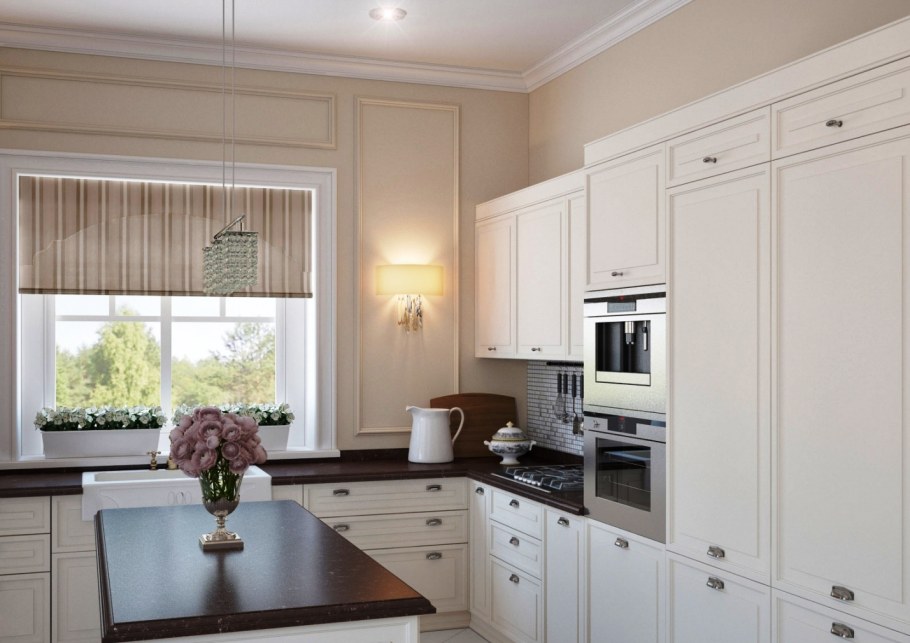 Белая кухня с окном