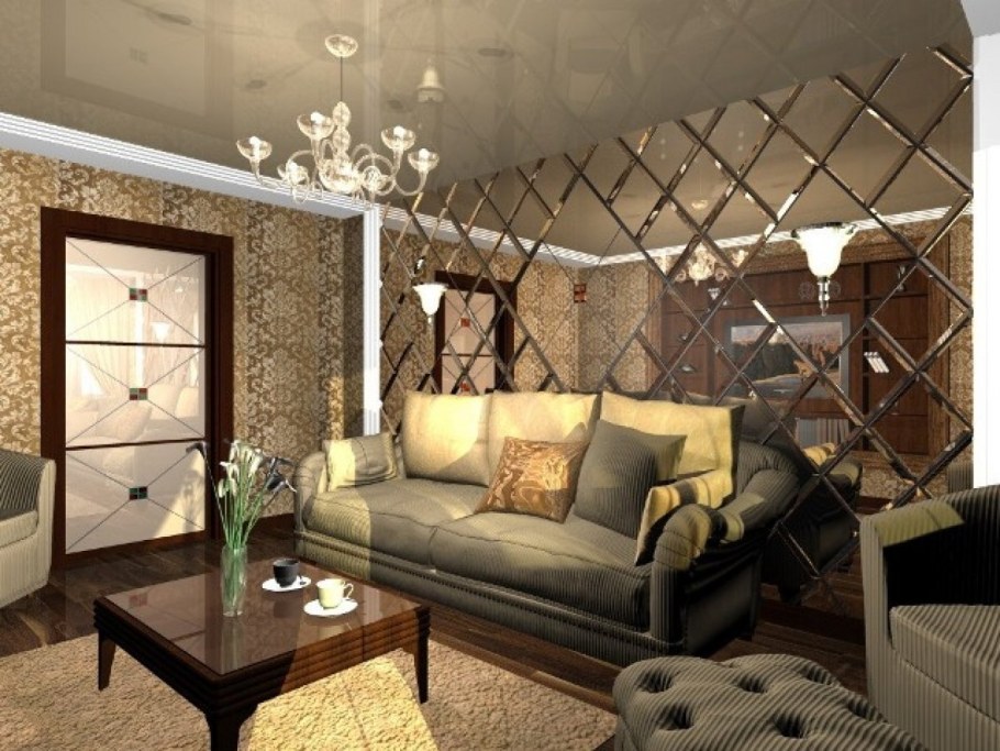 Зеркальная плитка в интерьере гостиной