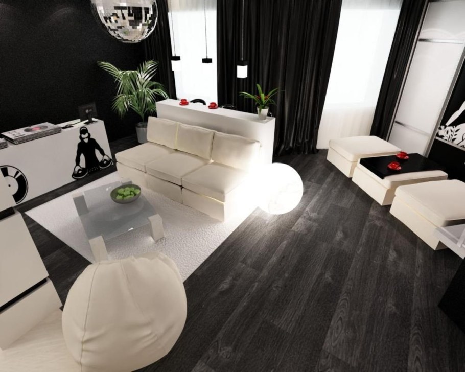 Темный пол белая мебель