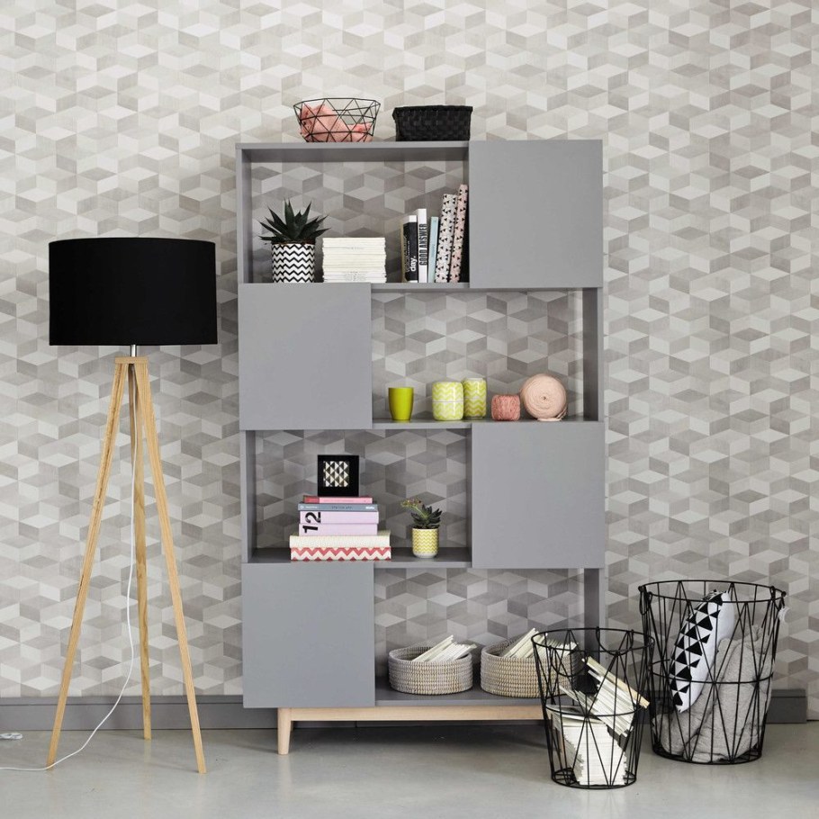 Серый стеллаж в интерьере