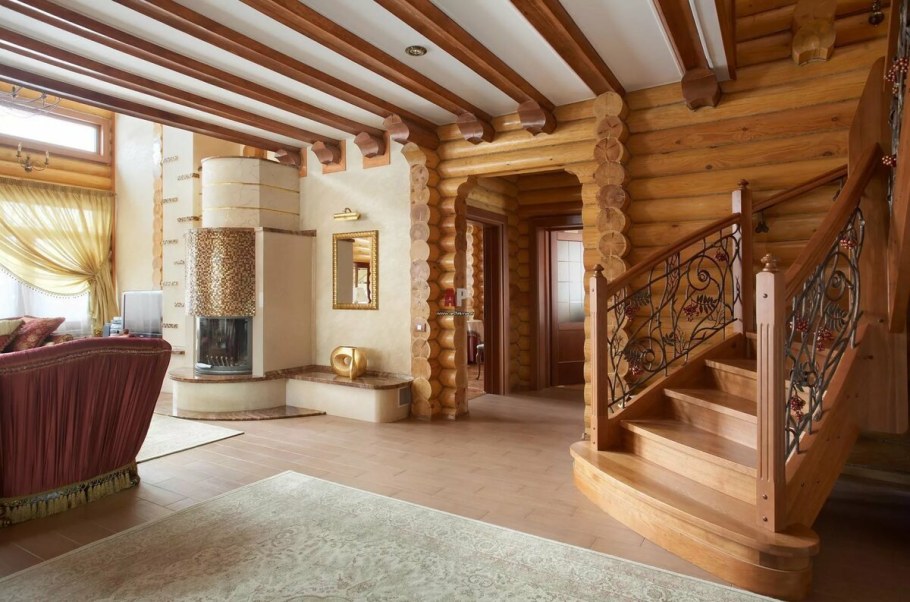 Дом оцилиндрованное бревно интерьер