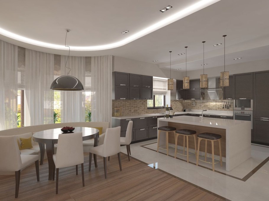 Кухня-гостиная 30 м2 в загородном доме