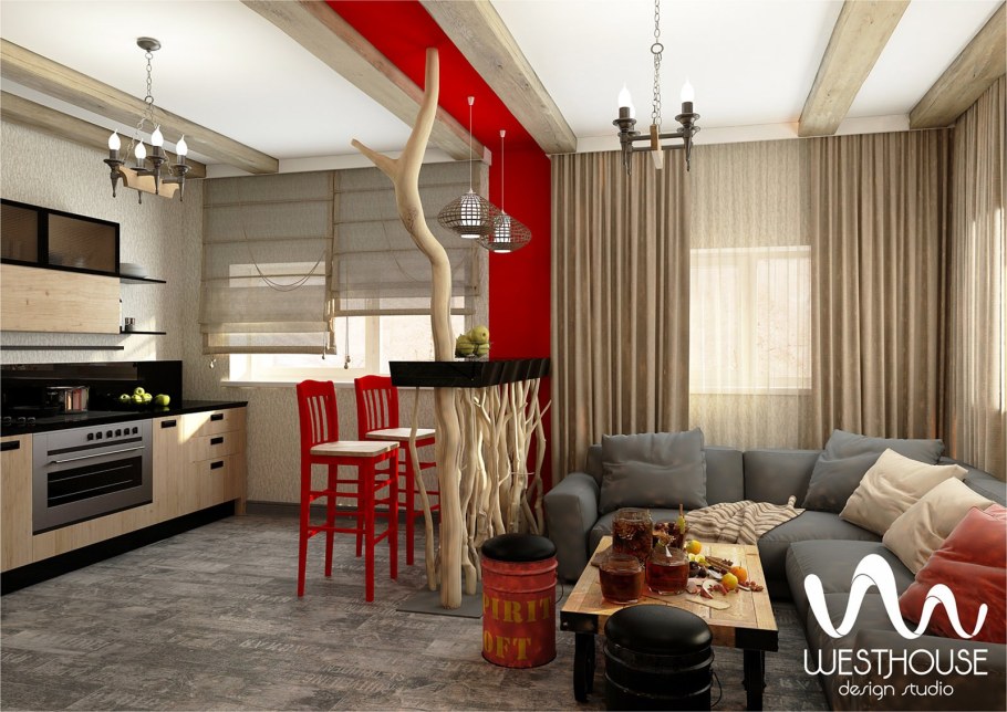 Кухня студия с гостиной в частном доме