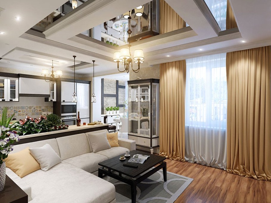 Потолок в гостиную совмещенную с кухней