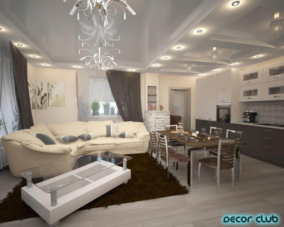 Гостиная совмещенная с кухней в коттедже