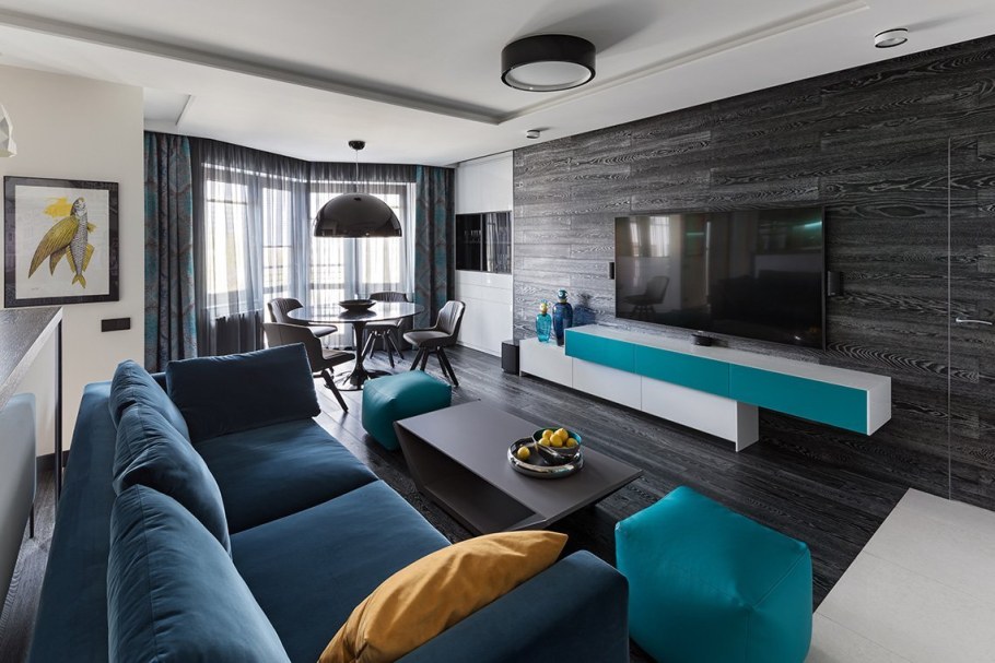 Интерьер серый с бирюзой