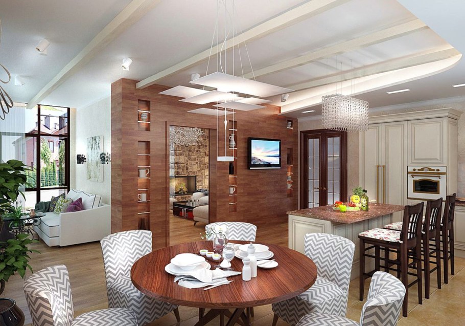 Кухня с гостиной и столовой