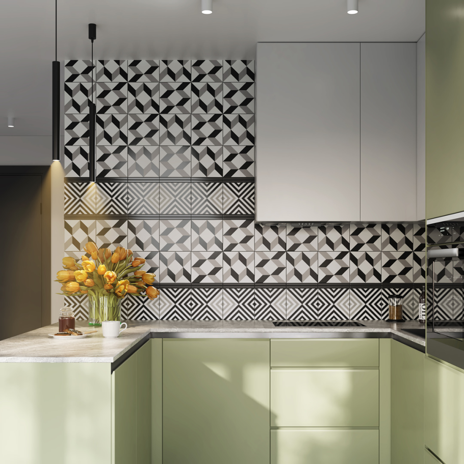 Напольная плитка и фартук на кухню одинаковые в интерьере