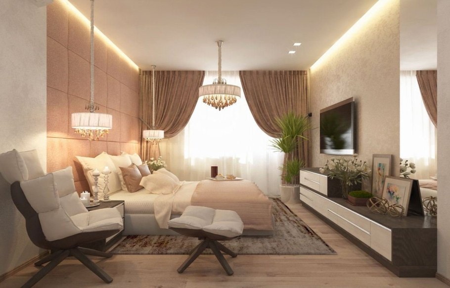 Спальня гостиная в бежевых тонах