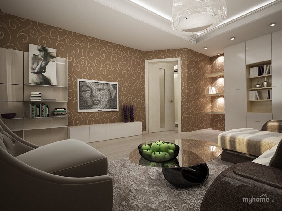 Интерьер гостиной в коричнево-бежевых тонах