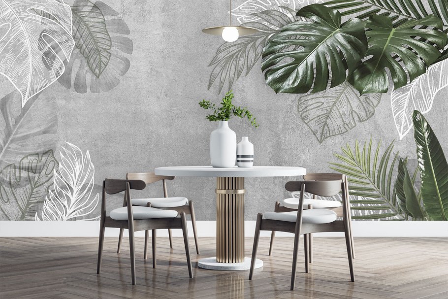 Обои с монстерой в интерьере в кухне