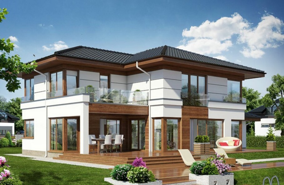 Красивые двухэтажные дома с террасой и балконом