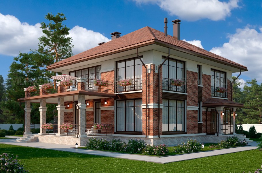 Двухэтажный дом стерасой и балконом