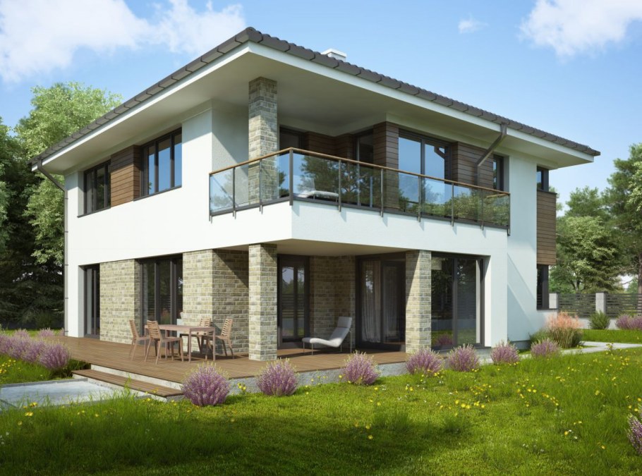 Двухэтажный дом с террасой и балконом