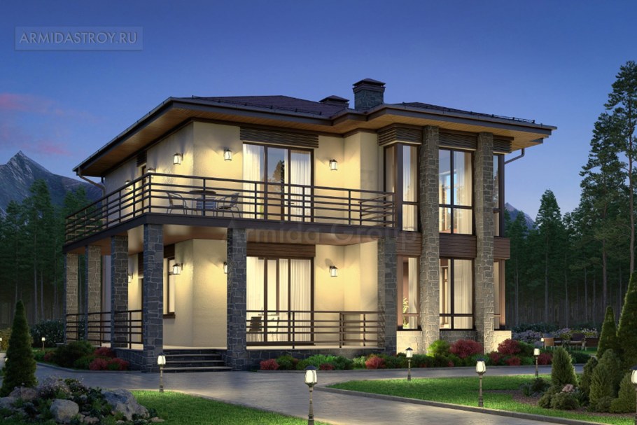 Двухэтажный дом с большим балконом