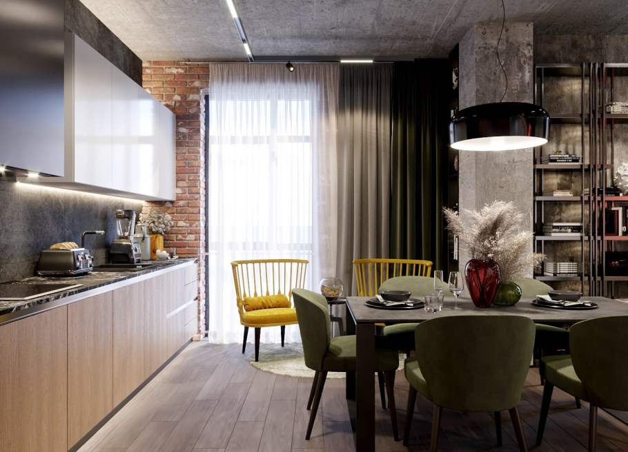 Шторы в стиле лофт в интерьере кухни