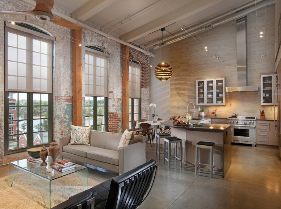 Кухня в стиле лофт с большим окном