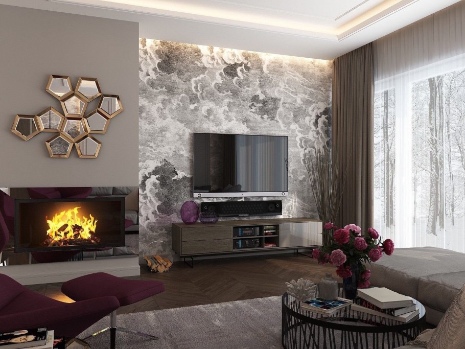 Камин в гостиной в современном стиле
