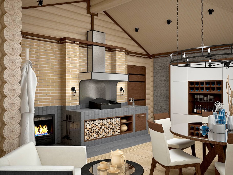 Летняя кухня с камином