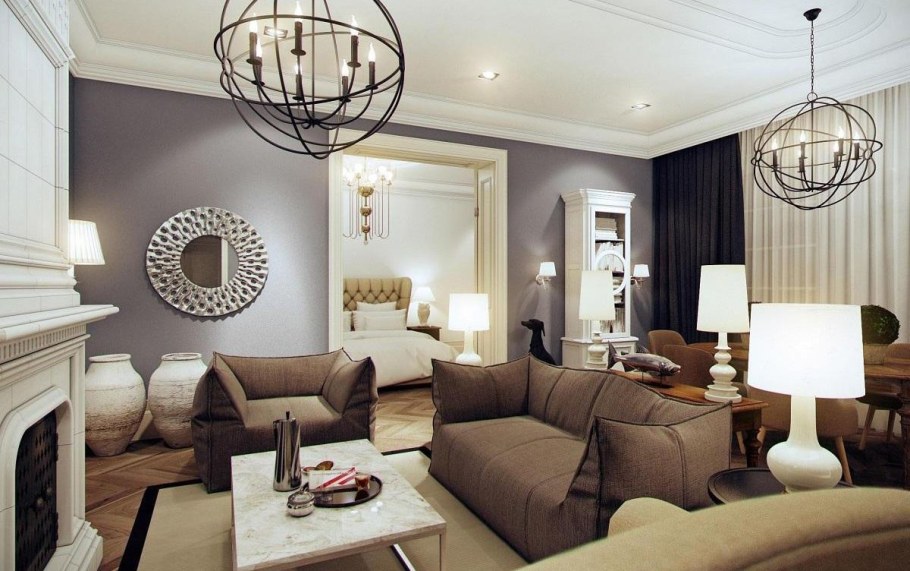 Люстры в интерьере гостиной современная