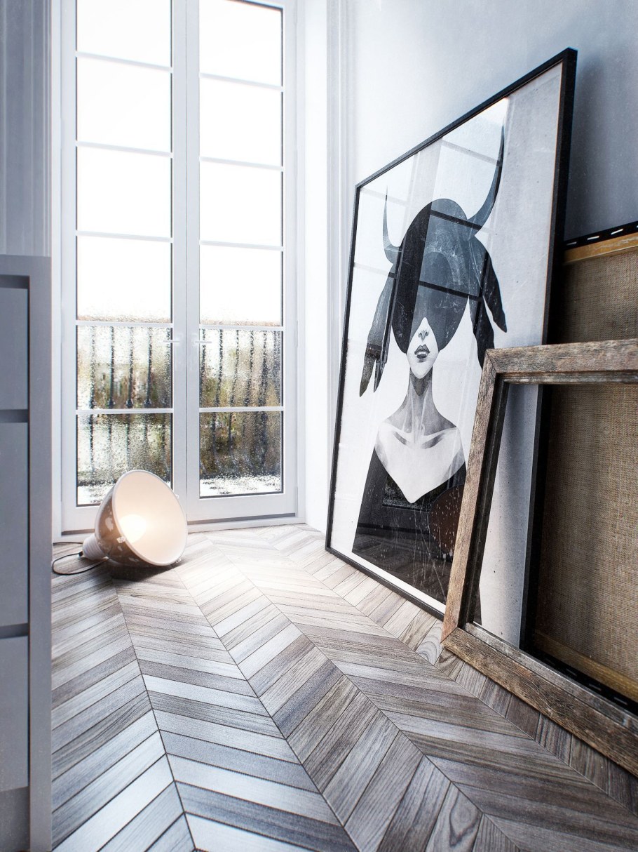 Картина на полу в интерьере