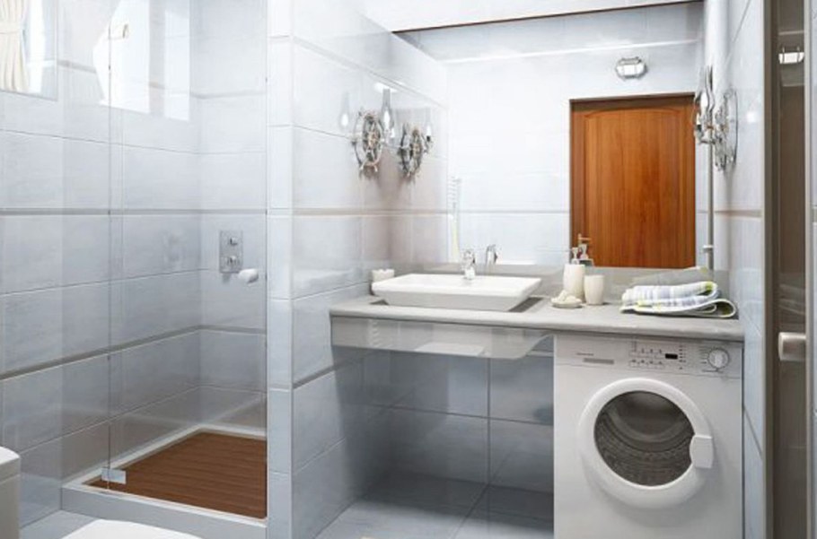 Интерьер совмещенного санузла с ванной и стиральной машиной