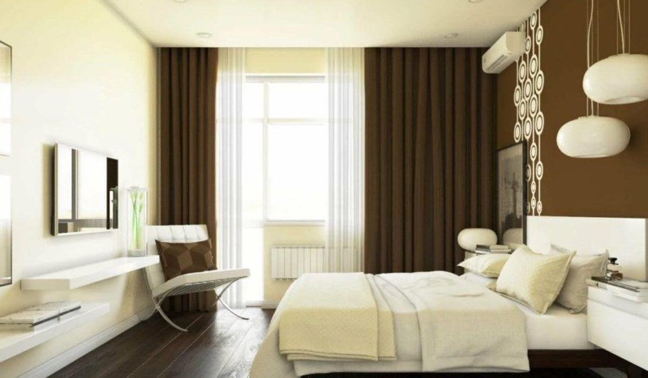 Коричневые шторы в интерьере спальни