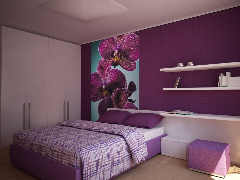 Фиолетовые обои в спальне