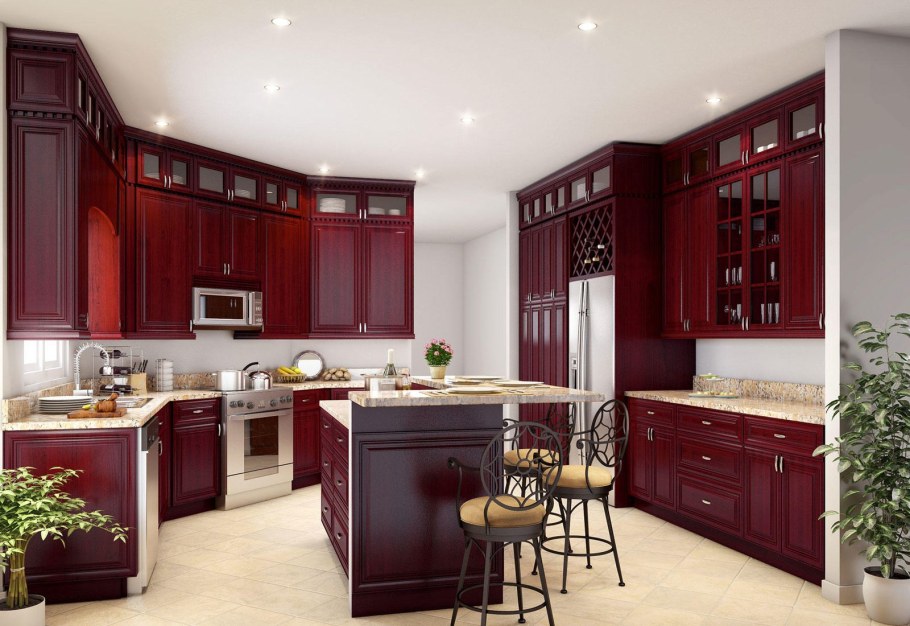 Бордовый цвет в интерьере кухни
