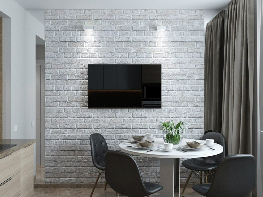 Гипсовый кирпич в интерьере кухни