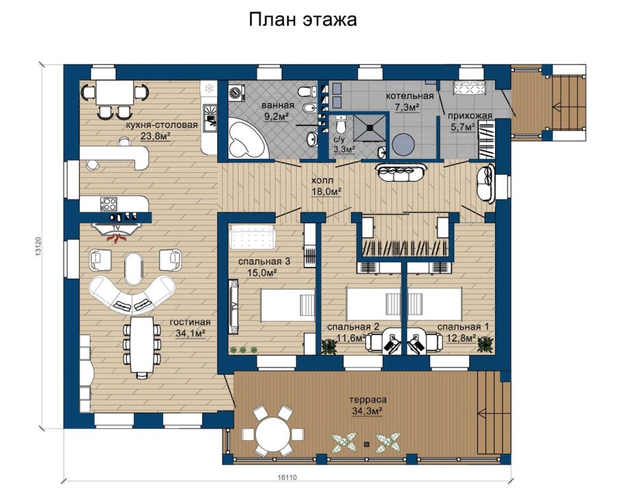 Одноэтажный дом 160м2 планировка с 4 спальнями