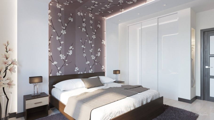 Обои Сакура серые в интерьере спальни