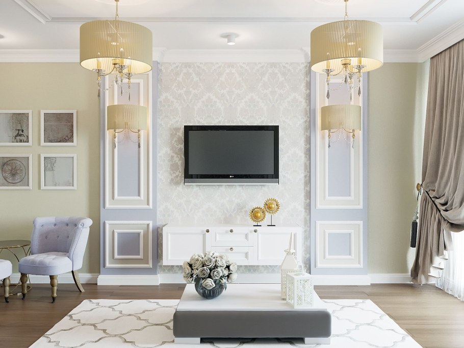 Стены молдинги для стен в интерьере гостиной Неоклассика