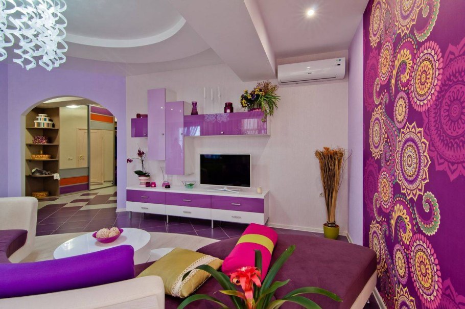 Кухня гостиная в сиреневых тонах