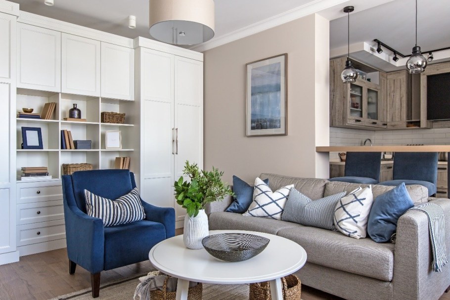 Кухня-гостиная в скандинавском стиле голубая