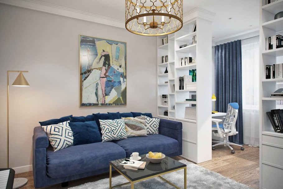 Гостиная с синим диваном