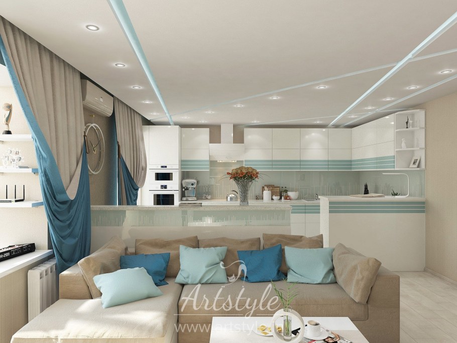 Кухня гостиная в бело голубых тонах