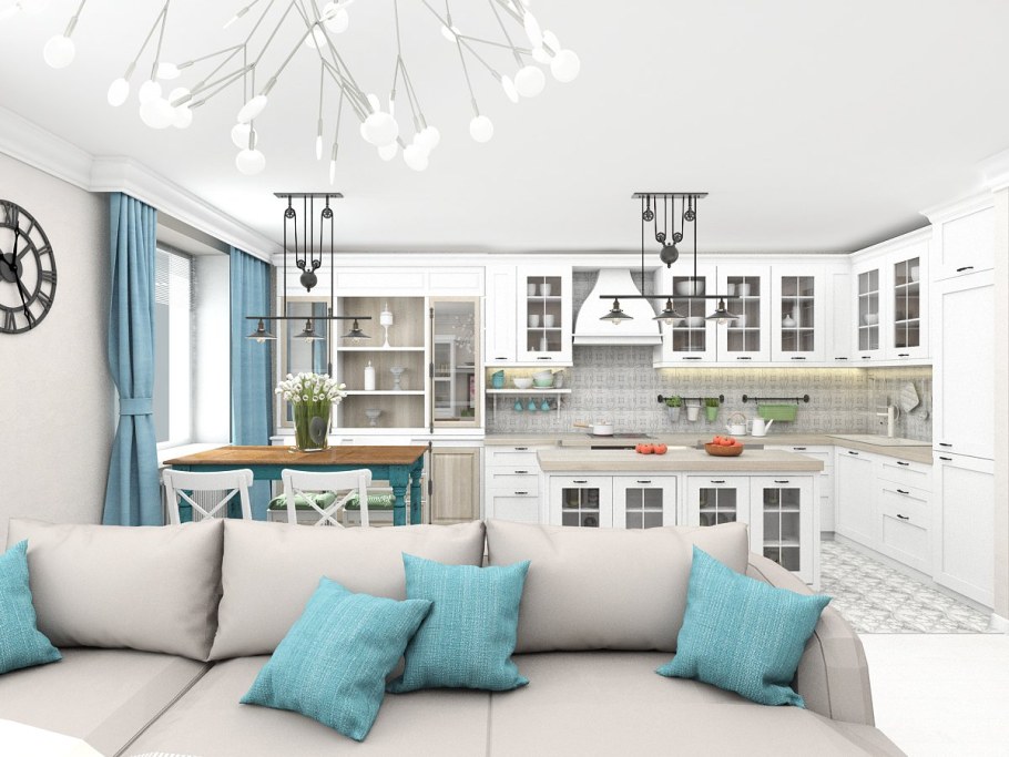 Бело голубая кухня гостиная