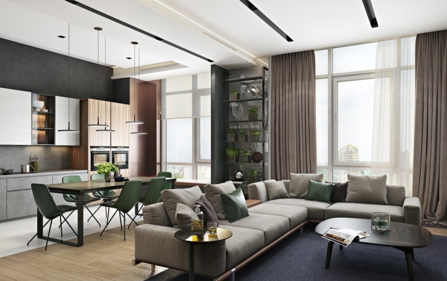 Кухня гостиная с большими окнами