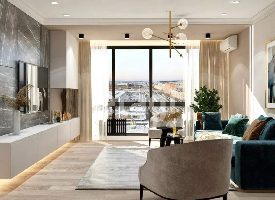 Кухня гостиная с панорамными окнами в квартире