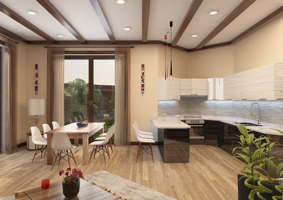 Отделка кухни гостиной в частном доме