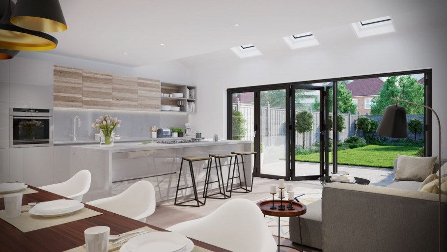 Кухня гостиная с панорамными окнами