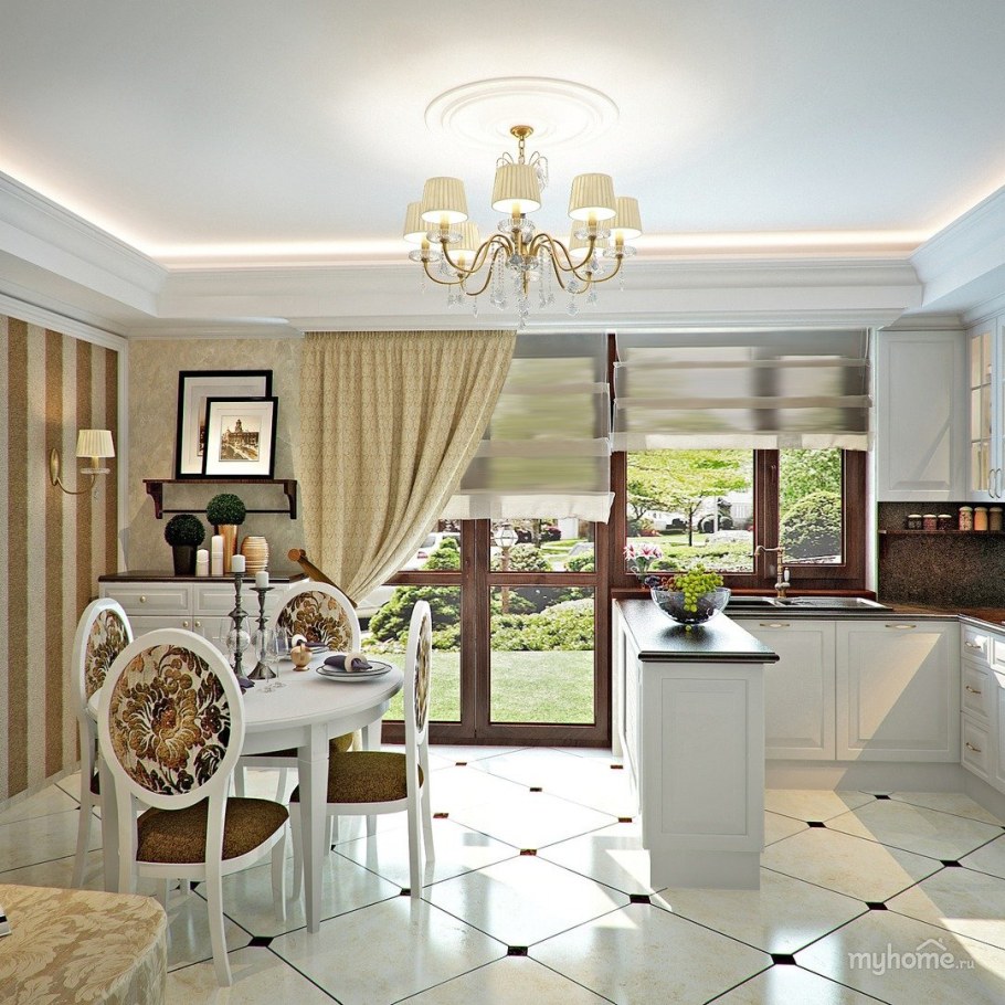 Интерьер кухни гостиной с выходом на террасу
